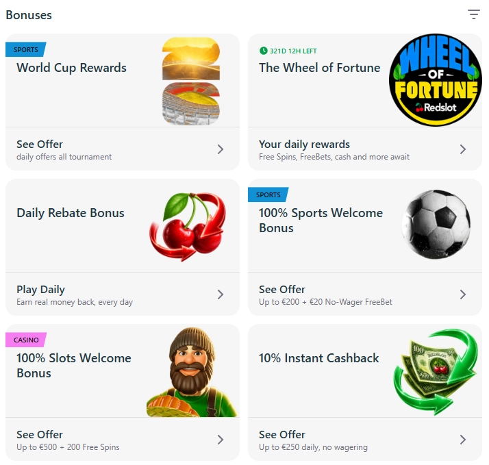 RedSlot Casino bonuses overview including welcome offers, cashback and Wheel of Fortune