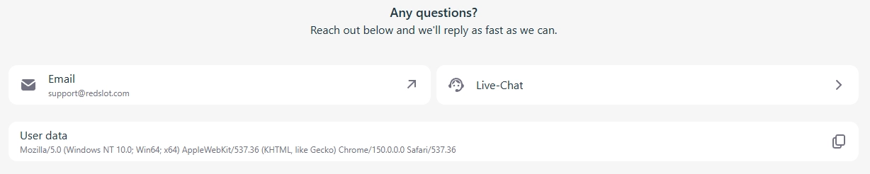 RedSlot Casino customer support page with email and live chat contact options