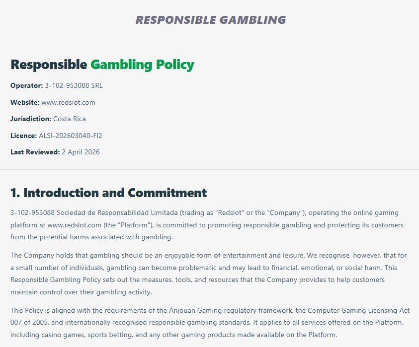 RedSlot Casino responsible gambling policy and licence information