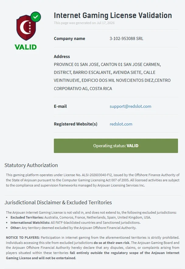 RedSlot Casino licence validation showing valid Anjouan gaming licence