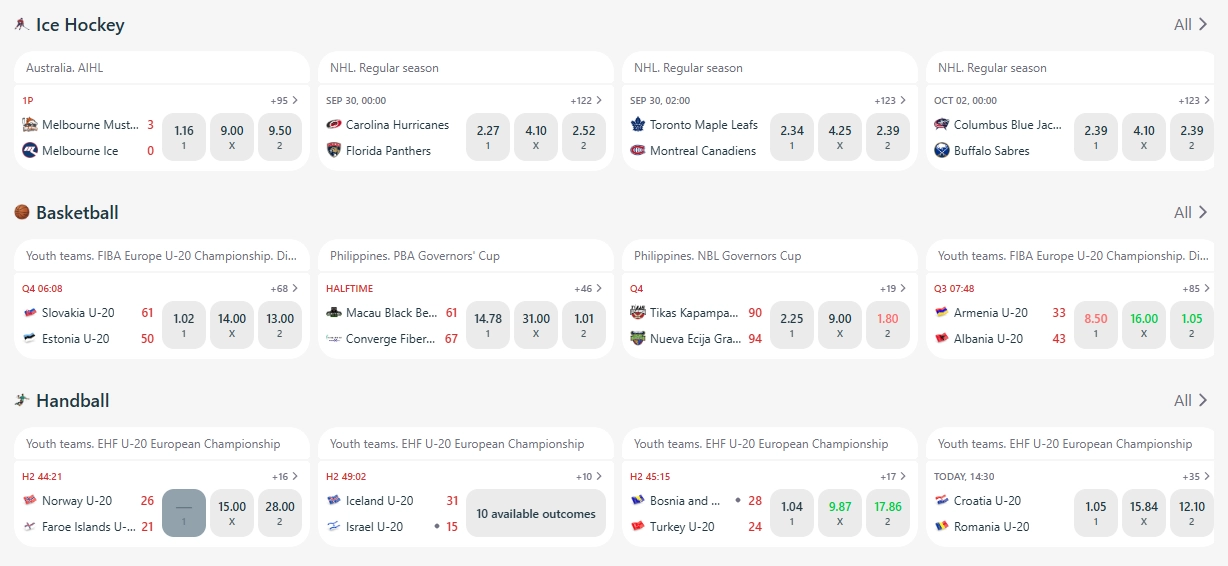 RedSlot Sportsbook showing live betting markets for ice hockey, basketball and handball